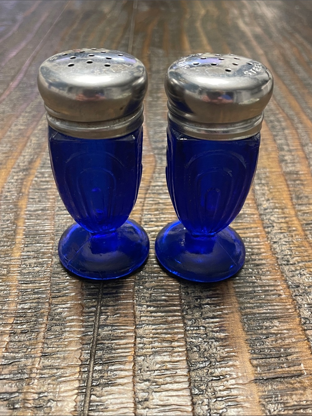 Vintage Cobalt Blue Glass Salt Pepper Shakers Art Deco Design